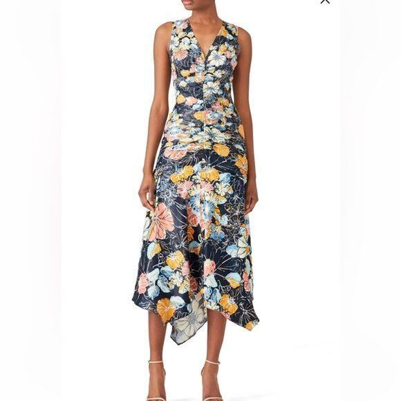 Peter Pilotto Dresses & Skirts - RTR Peter PilottoRuched Navy Floral Dress Sz4 Sleeveless Asymmetrical MIDI silk